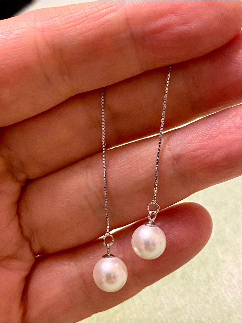 Classic White Pearl Drop Earrings on Silver Chain. Faux pearl. 925 silver